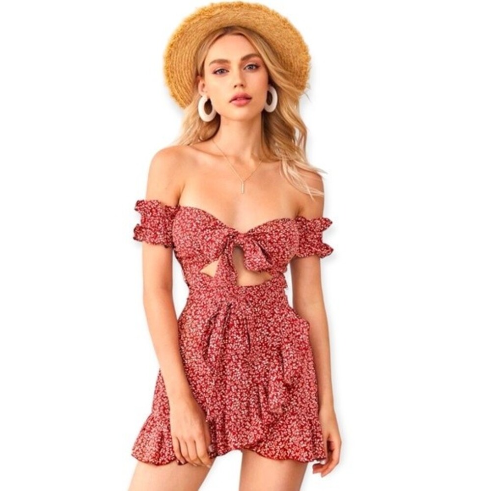 Shein Cut Out Ditsy Floral Ruffled Bardot Babydoll Dress